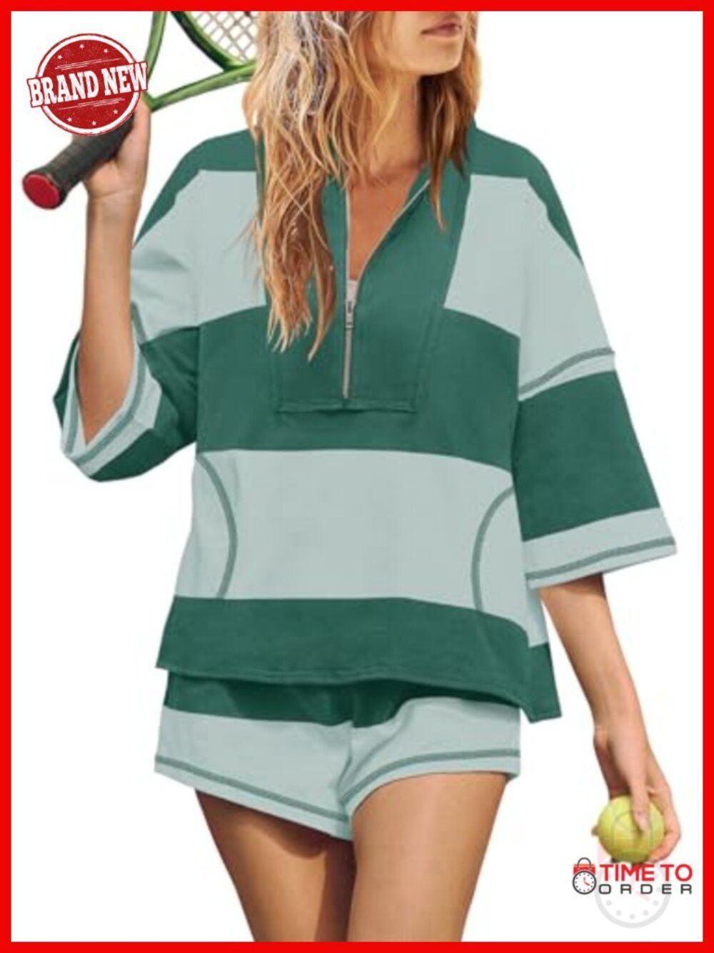 Women's Striped Two Piece Workout Lounge Set Short Sleeve Cotton Blend